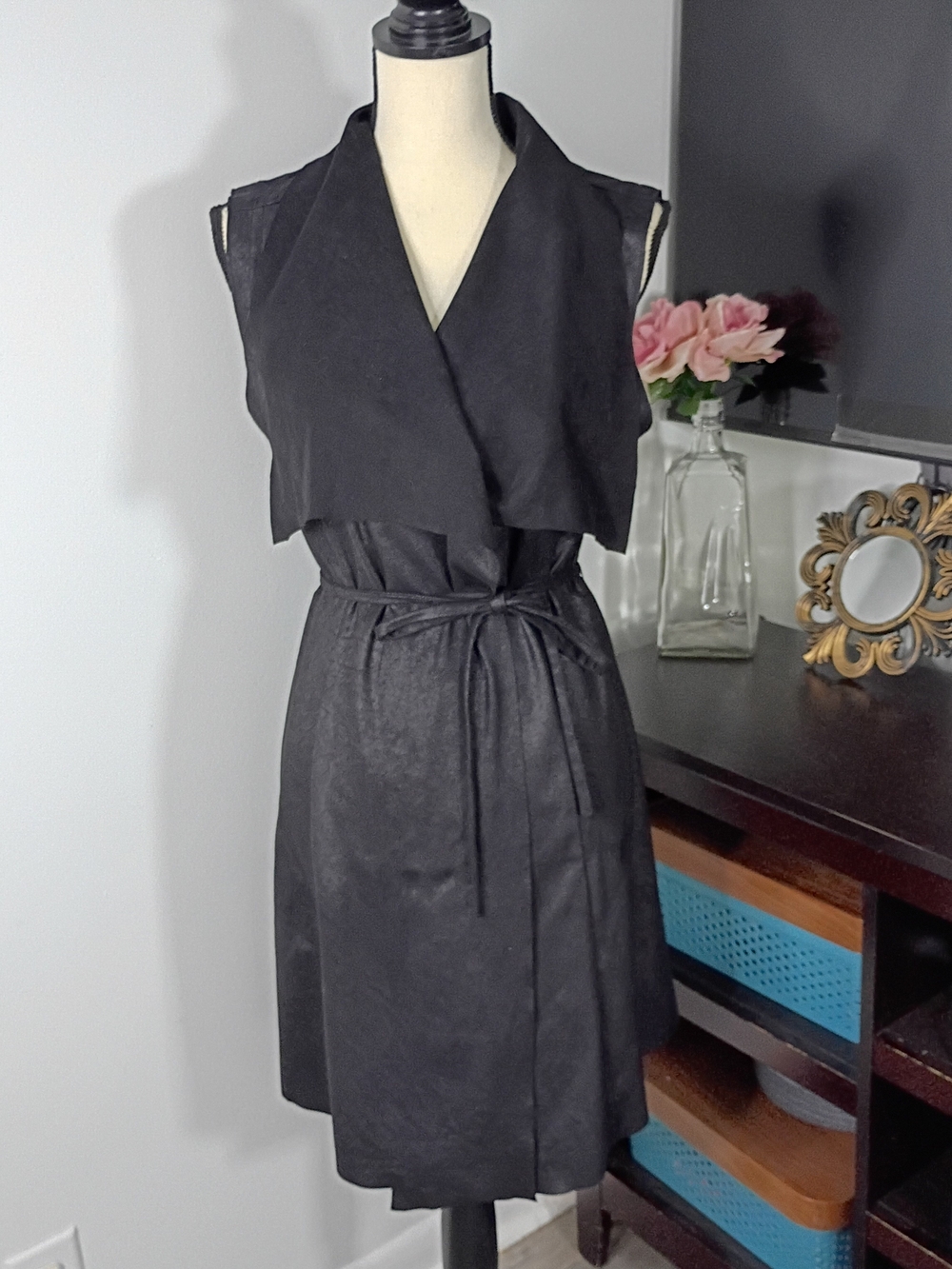 Shinestar Sleeveless Black Faux Suede Wrap Dress with Waist Tie